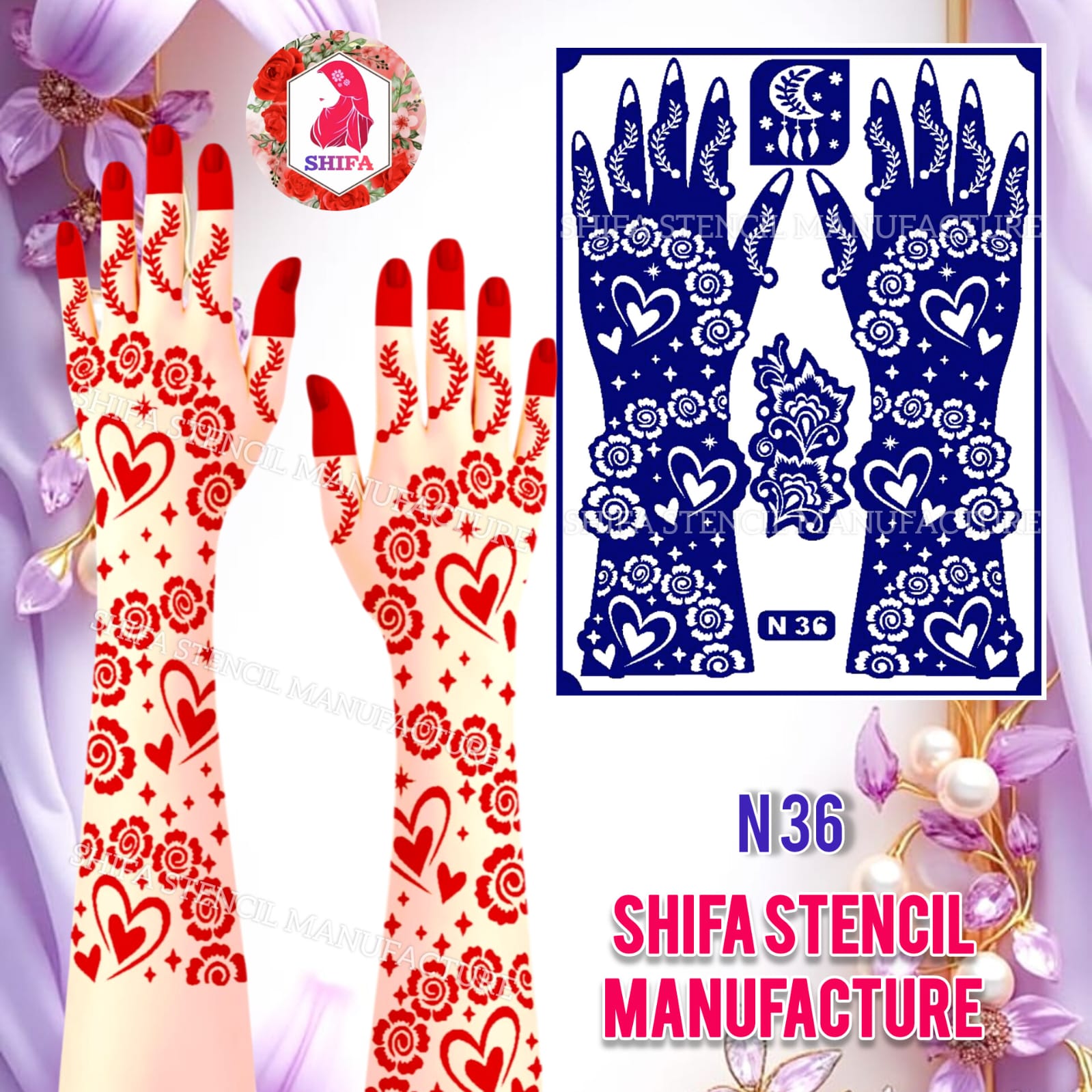 N36 Heart Blossom Delight Sticker Overview Henna Stencil - Shifa Stencil